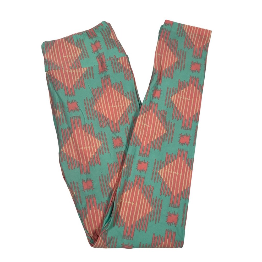 LuLaRoe Light Turquoise Blue Peach Pink Southwestern Aztec Leggings One Size OS